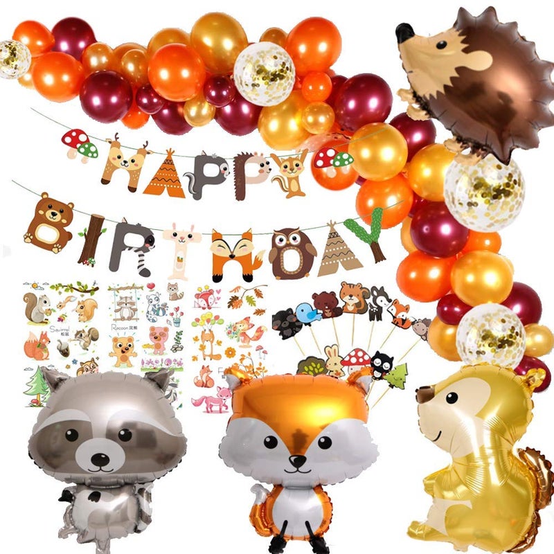 Finypa Animal Birthday Party Decorations, Woodland Happy Birthday Banner Hedgehog, Squirrel, Fox, Raccoon Animal Balloon Garland & Arch Kit for Boy Girl Baby Shower Birthday Supplie - Image 1